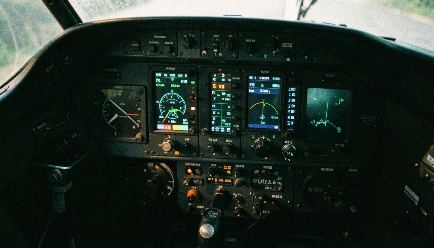 Aircraft cockpit instrument panel with illuminated displays and controls, photographed in warm ambient light with deep shadows