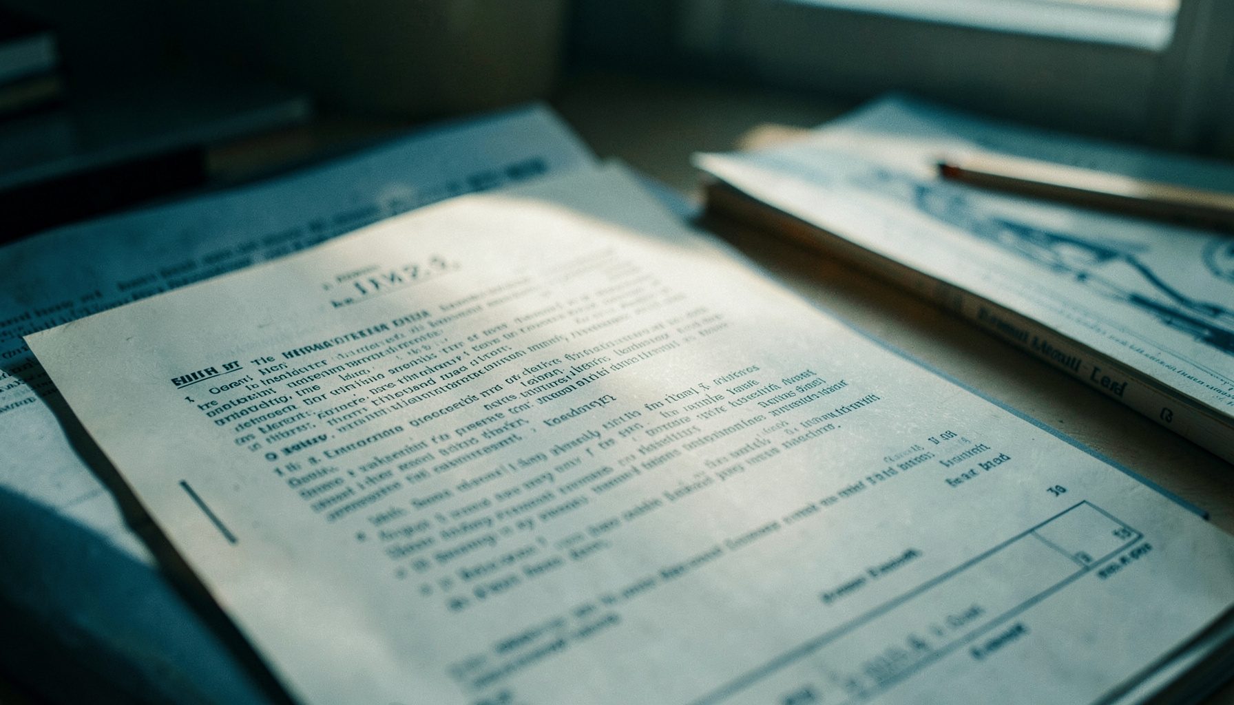 Close-up of a printed aviation directive document resting on a desk beside a technical manual, with soft natural light from a window casting gentle shadows across the paper; muted blues and warm ivory tones dominate the scene.