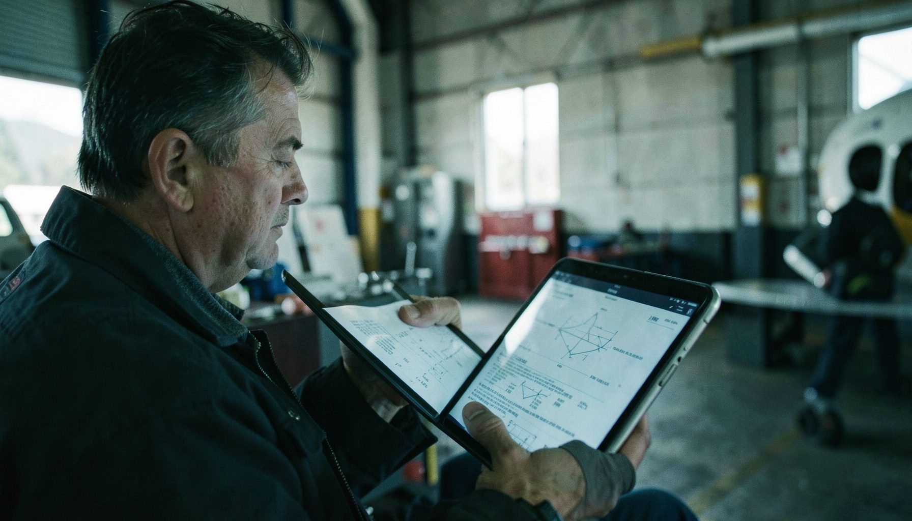 Close-up of an aircraft maintenance technician reviewing technical documentation on a tablet inside a hangar, with soft natural light and muted industrial tones